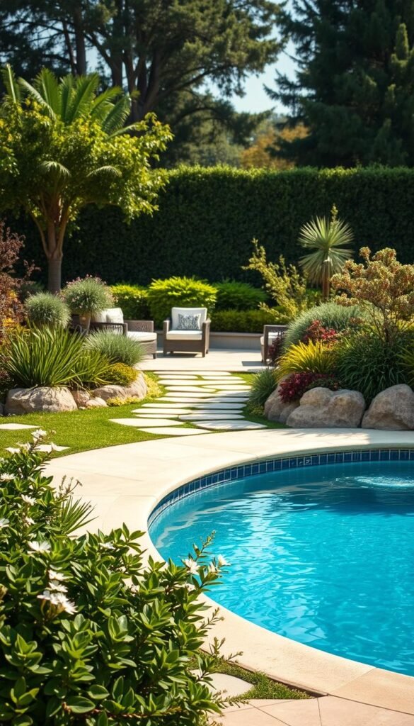 A serene oasis of tranquility, a well-designed pool landscape with lush greenery and soothing water features. In the foreground, a sparkling azure pool, its surface reflecting the warm glow of natural sunlight. Surrounding the pool, a harmonious arrangement of carefully curated plants, their vibrant foliage and delicate blooms creating a serene ambiance. In the middle ground, a path of smooth, natural stone leads the eye towards a shaded seating area, where comfortable furniture invites relaxation. In the background, a backdrop of towering trees and verdant shrubs, their gentle swaying creating a sense of privacy and seclusion. The entire scene is bathed in a soft, diffused light, capturing the essence of a low-maintenance, high-impact pool landscape.