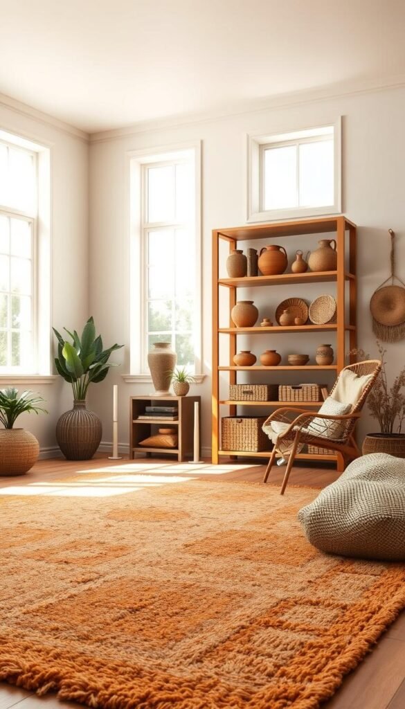 A serene, well-lit study filled with a harmonious earth tone color palette.