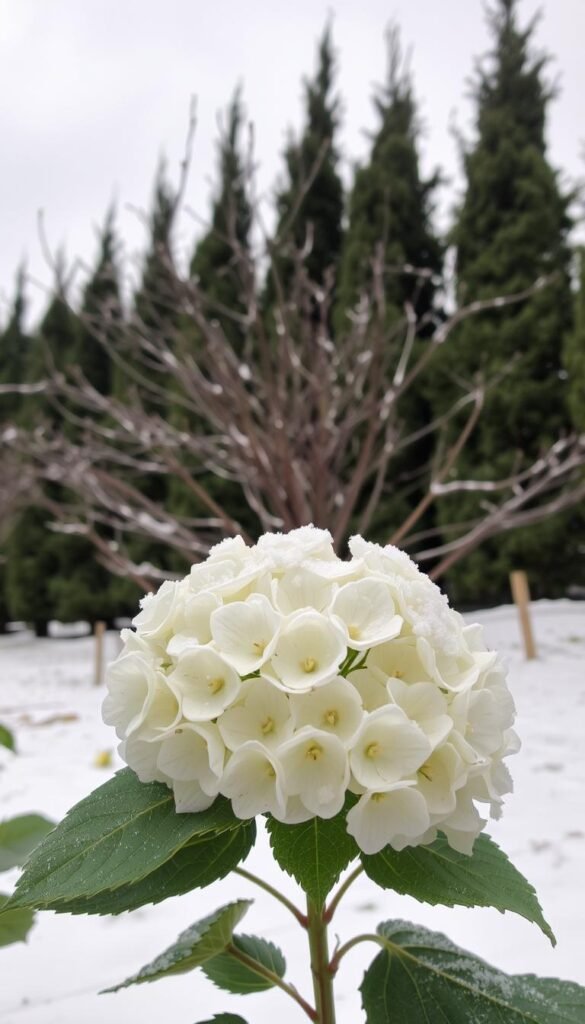 A serene winter landscape showcasing the delicate beauty of hydrangea plants. In the foreground, a cluster of hydrangea blooms, their petals dusted with a light layer of snow, conveying a sense of fragility and resilience. The middle ground features a carefully pruned hydrangea bush, its bare branches reaching up towards the overcast sky, hinting at the need for proper wintertime care. In the background, a row of towering evergreen trees provides a natural backdrop, creating a cozy and sheltered atmosphere. The scene is illuminated by soft, diffused natural lighting, capturing the essence of the hydrangea's winter slumber and the importance of preparing for seasonal changes.