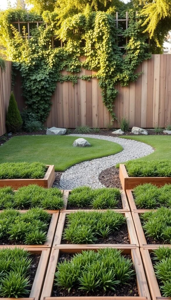 A simple, minimalist garden layout with clean lines and a harmonious composition. In the foreground, a neatly arranged grid of raised garden beds, their wooden frames contrasting with the lush, verdant soil. In the middle ground, a winding gravel path leads the eye through the space, flanked by low-growing groundcover plants and strategically placed boulders. The background features a wooden fence or trellis, partially obscured by the lush foliage of climbing vines, creating a sense of depth and enclosure. The scene is bathed in warm, soft lighting, lending a serene, contemplative atmosphere. The overall impression is one of a well-organized, thoughtfully designed garden, inviting the viewer to imagine the possibilities of their own outdoor sanctuary.