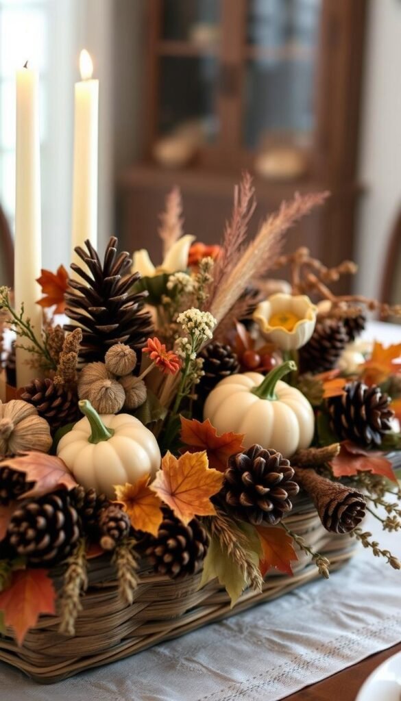 A simple yet elegant Thanksgiving centerpiece arrangement with a mix of natural elements like pinecones, dried flowers, gourds, and autumn-colored foliage.