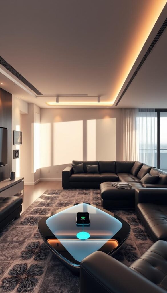 A sleek and modern luxury living room with seamless technology integration.