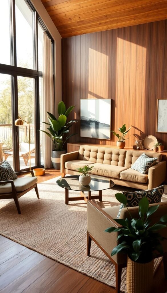 A sleek and stylish mid-century modern living room with warm, natural lighting flooding through large windows.