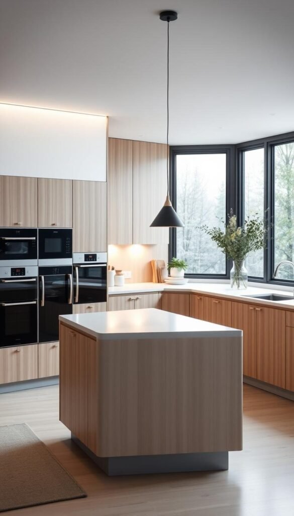 A sleek, functional Scandinavian-style space kitchen with clean lines and a minimalist aesthetic. A central island with a smooth, light-colored countertop dominates the foreground, surrounded by modern, built-in appliances and streamlined cabinetry in natural wood tones. Indirect lighting casts a warm, cozy glow, while large windows in the background let in plenty of natural daylight, creating a bright and airy atmosphere. The space is uncluttered and organized, showcasing the essential features of Scandinavian kitchen design - simplicity, functionality, and a focus on high-quality materials and craftsmanship.