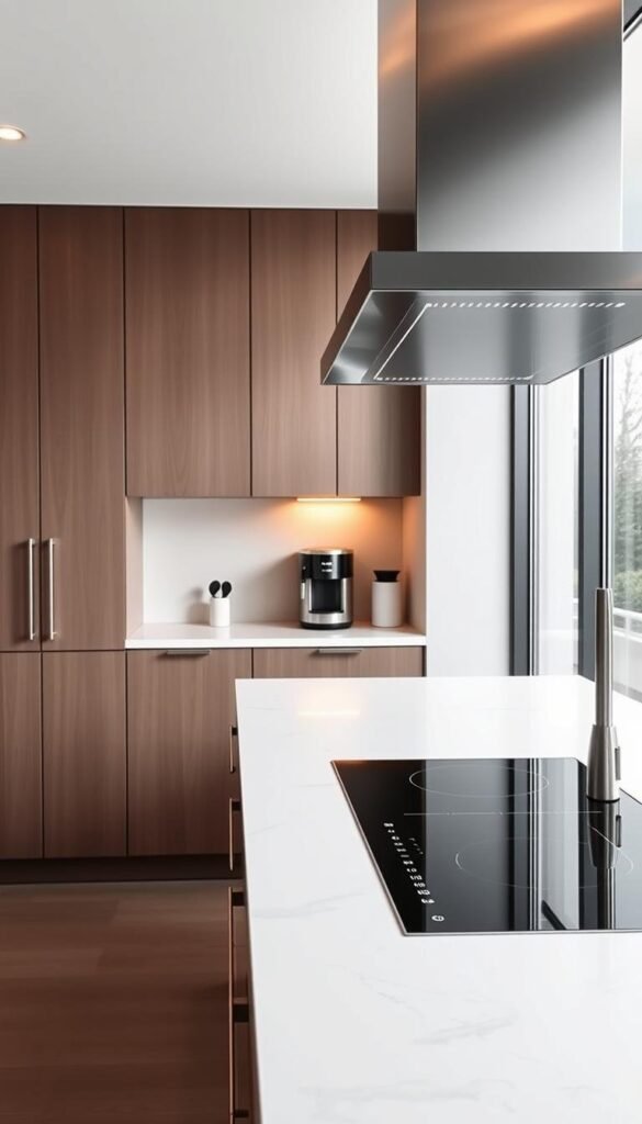 A sleek, minimalist Scandinavian kitchen with seamless technology integration. In the foreground, a state-of-the-art induction cooktop is flush-mounted into a pristine white quartz countertop. Overhead, a modern range hood with touch controls and smart lighting casts a warm glow. In the middle ground, a discreet coffee machine and a high-tech kitchen assistant blend seamlessly into the streamlined cabinetry. The background features floor-to-ceiling windows, allowing natural light to flood the space and highlighting the clean lines of the kitchen design. The overall atmosphere is one of modern sophistication and effortless functionality, embodying the essence of Scandinavian style.
