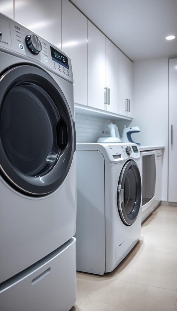 A sleek, modern laundry room featuring a row of gleaming, state-of-the-art smart appliances. In the foreground, a high-efficiency front-loading washer and dryer pair, their minimalist control panels aglow with touch-sensitive controls. Beside them, a smart washer-dryer combo unit, its display panel showcasing intelligent cycles and connectivity options. In the middle ground, a smart ironing system with a self-heating, programmable iron and a robotic clothing folder. In the background, built-in cabinetry with integrated smart home features, like touchless sensors and voice-activated commands. Soft, even lighting highlights the clean, uncluttered design, creating an atmosphere of seamless efficiency and technology-driven convenience.