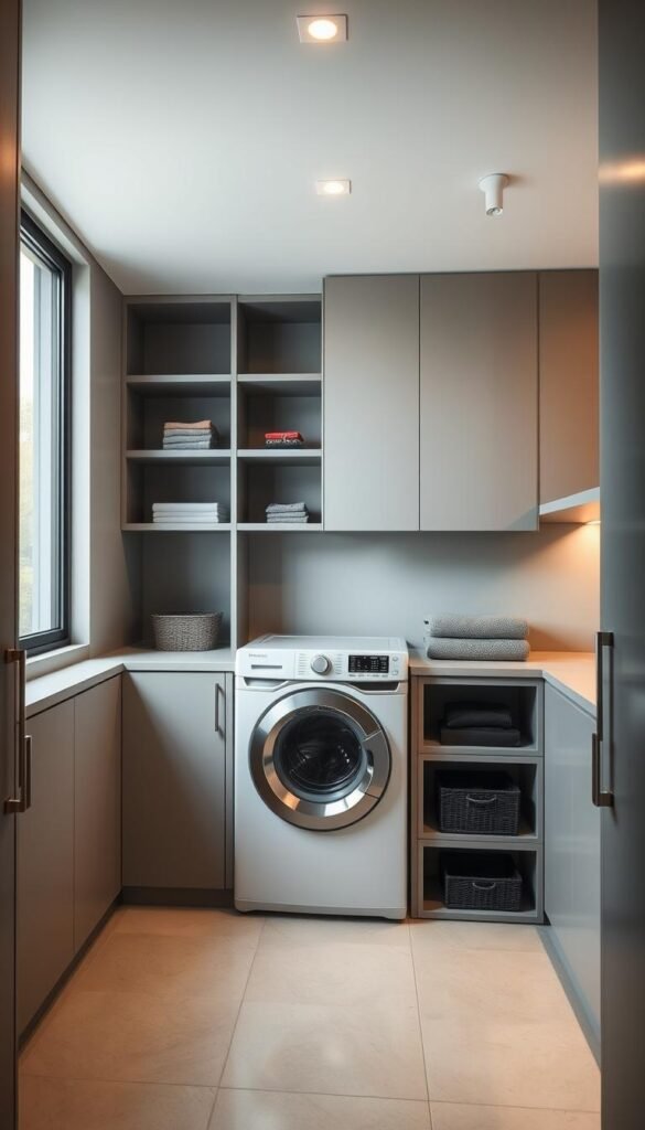 A sleek, modern laundry room with integrated smart technology. The room features a front-loading washer and dryer set, seamlessly built into minimalist cabinetry. A large window floods the space with natural light, highlighting the clean lines and muted color palette. A central touchscreen control panel allows for remote monitoring and customization of the laundry cycle. Discreet shelving and storage optimize organization, while a built-in folding station streamlines the post-wash process. Subtle accent lighting casts a warm glow, creating a welcoming ambiance. The overall design blends function and style, elevating the mundane chore of laundry into a refined, tech-savvy experience. A sleek, modern laundry room with integrated smart technology. The room features a front-loading washer and dryer set, seamlessly built into minimalist cabinetry. A large window floods the space with natural light, highlighting the clean lines and muted color palette. A central touchscreen control panel allows for remote monitoring and customization of the laundry cycle. Discreet shelving and storage optimize organization, while a built-in folding station streamlines the post-wash process. Subtle accent lighting casts a warm glow, creating a welcoming ambiance. The overall design blends function and style, elevating the mundane chore of laundry into a refined, tech-savvy experience.