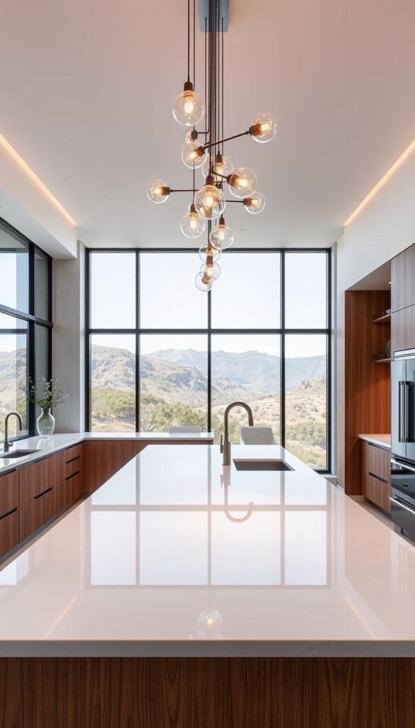 A sleek, modern luxury kitchen interior exuding sophistication and style. The foreground features a large, minimalist island with a smooth, glossy white countertop and elegant wooden cabinetry. Suspended above, a cluster of chic pendant lights cast a warm, ambient glow. The middle ground showcases floor-to-ceiling windows overlooking a picturesque, natural landscape, allowing ample natural light to flood the space. The background highlights a neutral color palette of grays and whites, complemented by touches of metallic accents, such as a gleaming faucet and modern appliances. Overall, the scene conveys a harmonious blend of contemporary design and nature-inspired elements, embodying the latest trends in high-end kitchen interiors.