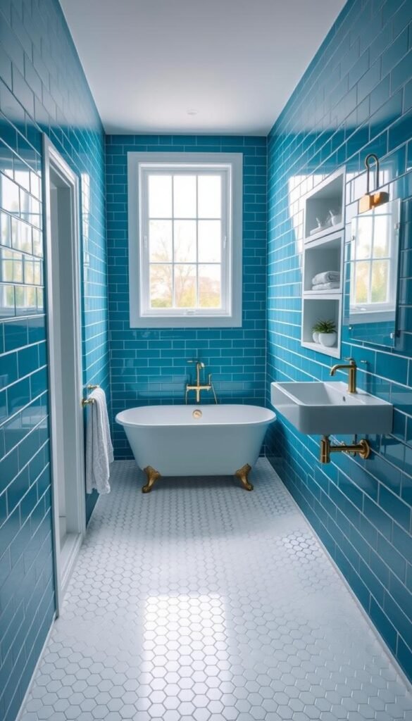 A small, cozy blue-tiled bathroom with a large window letting in soft natural light.