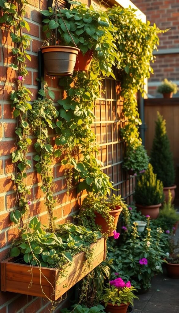 A small, lush vertical garden cascading down a brick wall, filled with a variety of trailing vines, hanging baskets, and potted plants. The scene is bathed in warm, golden afternoon light, creating a cozy, inviting atmosphere. In the foreground, delicate tendrils and vibrant flowers spill over the edges of wooden planters, while in the middle ground, a trellis supports a thriving display of leafy greens and colorful blooms. The background features a mix of potted shrubs and small trees, creating depth and a sense of enclosure. The overall composition emphasizes the clever use of vertical space to maximize the potential of a limited backyard area.