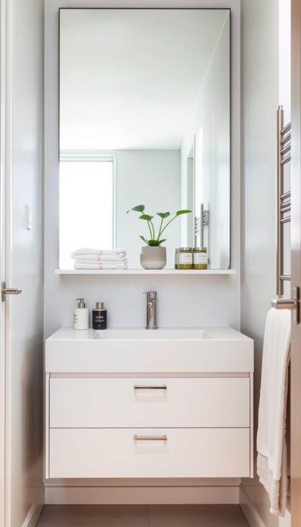 A small, well-organized bathroom with a minimalist aesthetic.