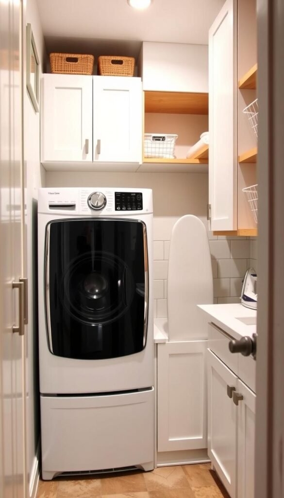 A small, well-organized laundry room with ample wall storage. Crisp white cabinets and shelves line the walls, complemented by natural wood accents. A stacked washer and dryer occupy the center, surrounded by sleek wire baskets and a built-in ironing board. Subtle lighting casts a warm glow, highlighting the room's efficient layout. The walls feature a minimalist tile backsplash, adding texture and visual interest. The overall aesthetic is modern, clean, and thoughtfully designed to maximize the limited space, creating an inviting and functional laundry area.