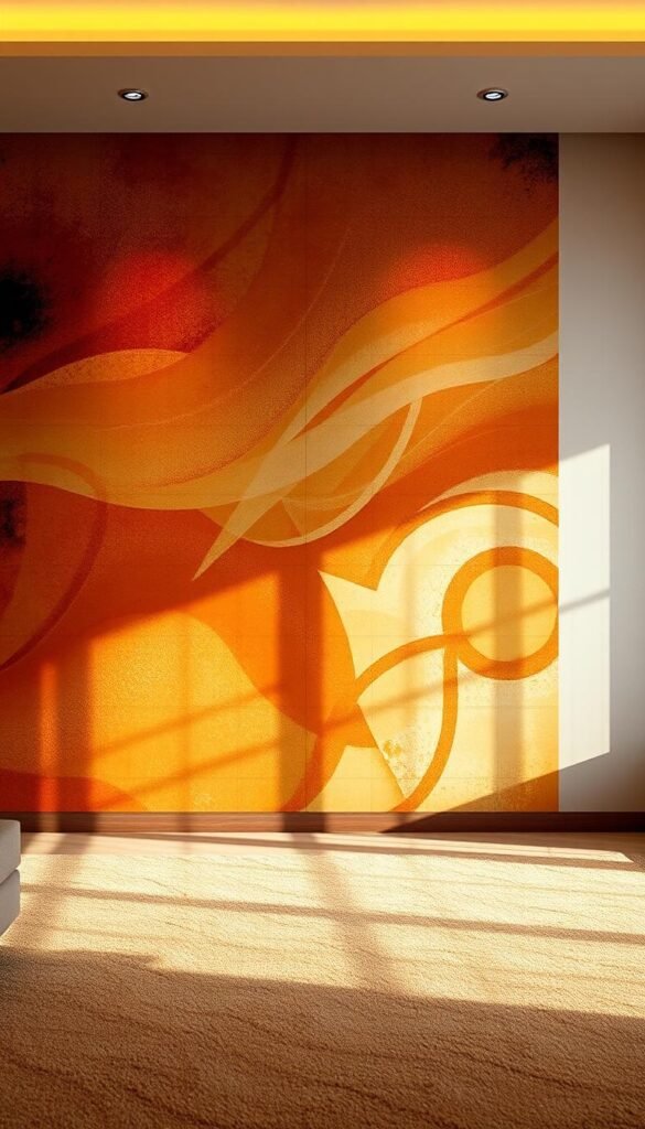 A sophisticated living room wall design with a captivating abstract pattern, bathed in warm, inviting lighting.