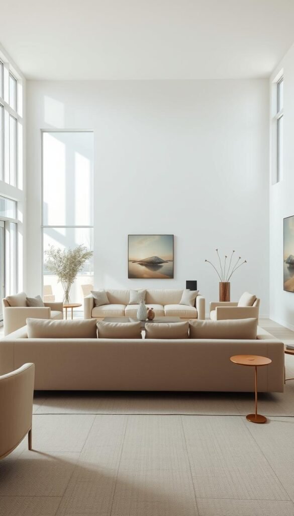 A spacious, airy living room with natural light filtering through large windows.
