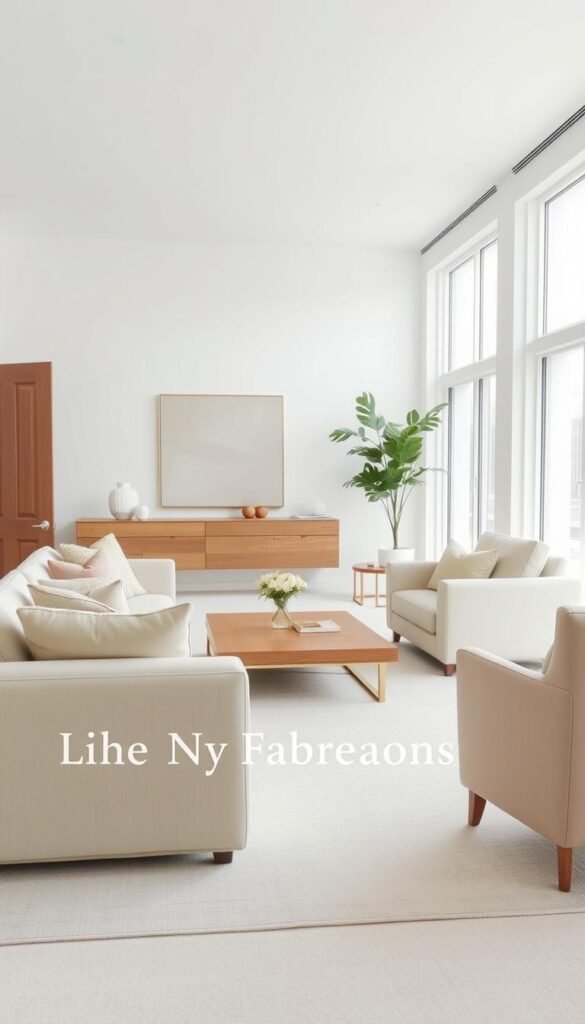 A spacious and tranquil living room with a serene neutral color palette.