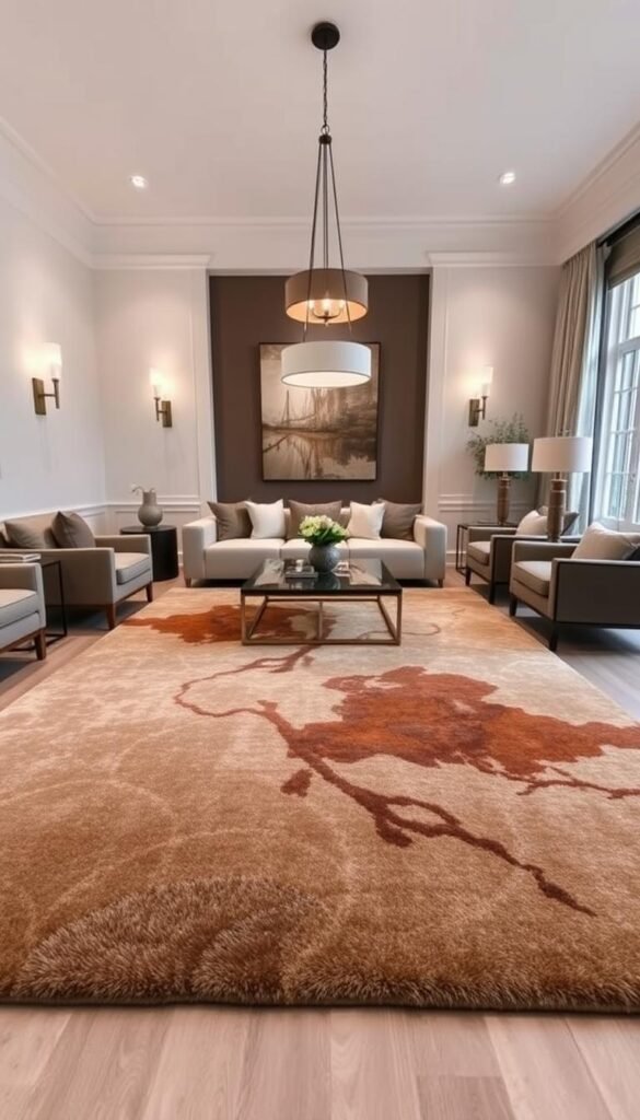 A spacious living room with a large, plush area rug as the focal point.