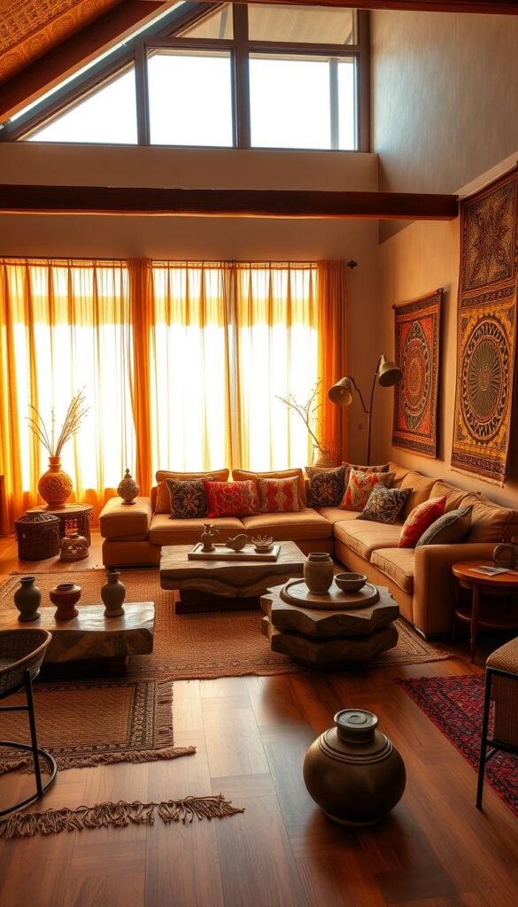 A spacious, open-concept living room with a harmonious blend of global design elements.