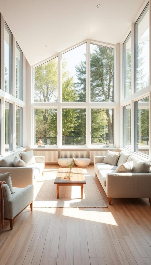 A spacious, sun-drenched Scandinavian living room with floor-to-ceiling windows that flood the space with natural light.