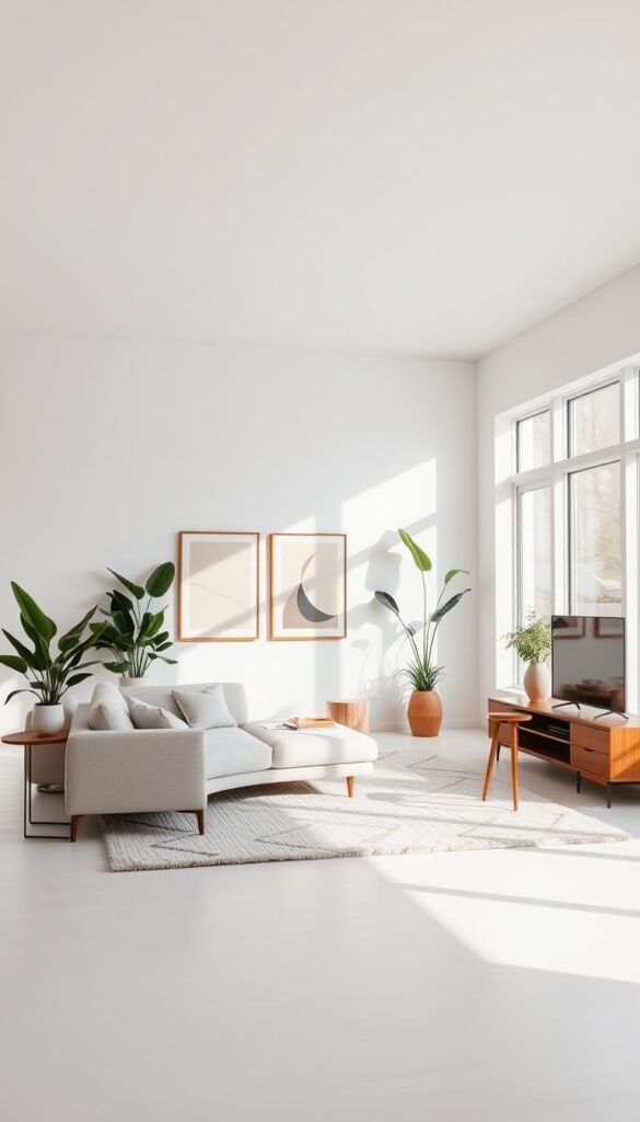 A spacious, sun-lit living room with clean lines and a neutral color palette.