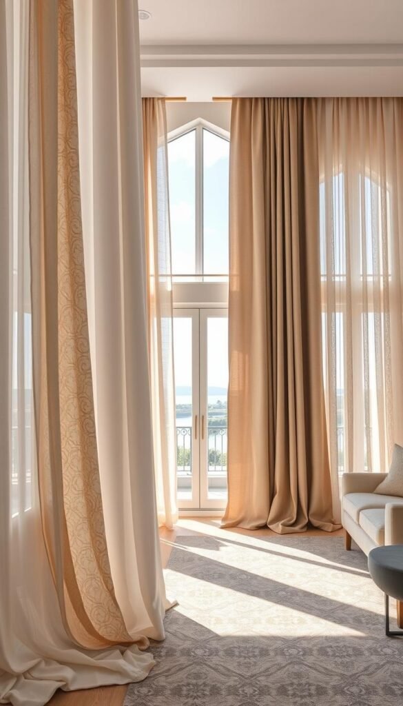 A spacious, sunlit living room with a variety of high-quality curtain styles displayed prominently.