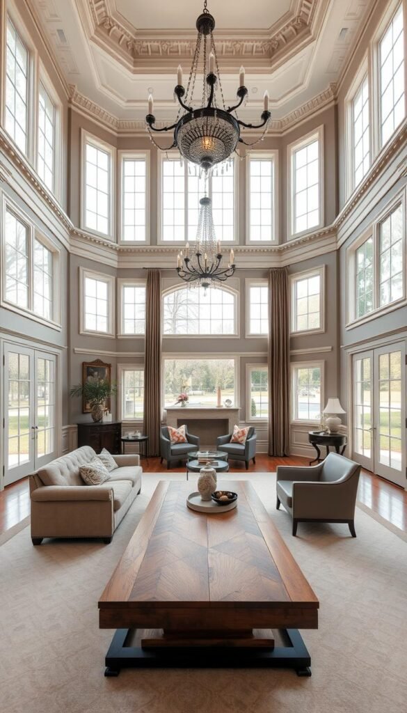A spacious, well-appointed living room with high ceilings and large windows that flood the space with natural light.