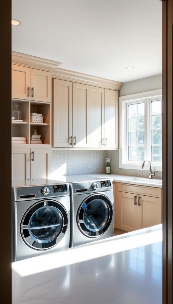 A spacious, well-organized laundry room with abundant natural light streaming through large windows. In the foreground, modern front-loading washer and dryer units sit atop a sleek quartz countertop, providing ample folding space. The middle ground features custom cabinetry in a soothing neutral tone, offering plentiful storage for detergents, linens, and cleaning supplies. The background showcases a stunning tiled backsplash in a herringbone pattern, adding visual interest and texture to the space. Carefully placed task lighting illuminates the room, creating a bright and welcoming atmosphere. The overall design strikes a perfect balance between form and function, showcasing innovative solutions for maximizing a small laundry room.