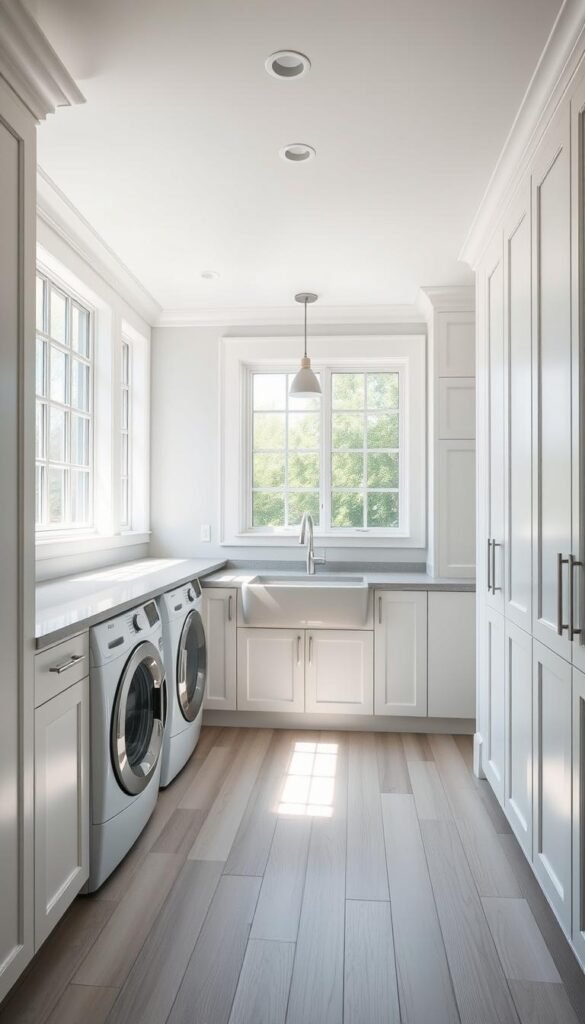A spacious, well-organized laundry room with abundant natural light streaming through large windows. The room features sleek, white cabinetry along the walls, complemented by a quartz countertop in a subtle grey hue. A front-loading washer and dryer are neatly tucked into the cabinetry, with ample storage space above and below. A large, farmhouse-style sink is positioned beneath the windows, providing a functional and visually appealing focal point. Soft, muted tones create a calming, inviting atmosphere, while carefully placed task lighting and pendant fixtures illuminate the room's practical elements. The floor is a light-colored, wood-look tile, adding warmth and texture to the space. Overall, the design strikes a balance between form and function, creating a harmonious and efficient laundry room.