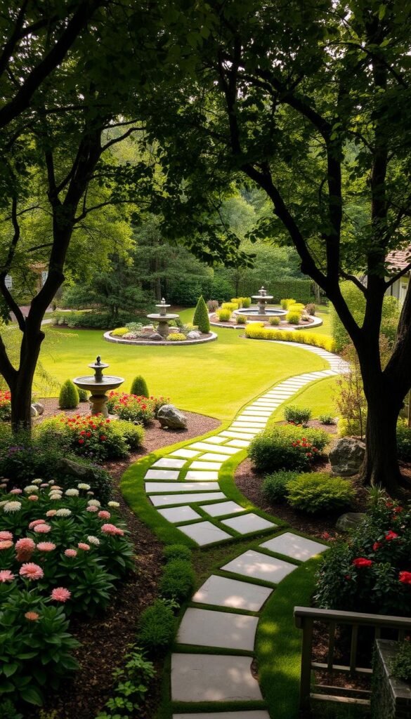 A sprawling backyard oasis, lush with verdant foliage and thoughtfully designed landscaping features. In the foreground, a meandering stone pathway winds through a vibrant garden, bursting with colorful blooms. Mature trees cast gentle shadows, creating a serene and inviting atmosphere. The middle ground showcases a well-manicured lawn, dotted with strategically placed shrubs and ornamental plants. In the background, a tranquil water feature, such as a pond or fountain, adds a soothing ambiance. Warm, diffused lighting illuminates the scene, highlighting the textures and depths of the landscape. This idyllic backyard design seamlessly blends nature and human-crafted elements, creating a captivating and harmonious outdoor sanctuary. A sprawling backyard oasis, lush with verdant foliage and thoughtfully designed landscaping features. In the foreground, a meandering stone pathway winds through a vibrant garden, bursting with colorful blooms. Mature trees cast gentle shadows, creating a serene and inviting atmosphere. The middle ground showcases a well-manicured lawn, dotted with strategically placed shrubs and ornamental plants. In the background, a tranquil water feature, such as a pond or fountain, adds a soothing ambiance. Warm, diffused lighting illuminates the scene, highlighting the textures and depths of the landscape. This idyllic backyard design seamlessly blends nature and human-crafted elements, creating a captivating and harmonious outdoor sanctuary.