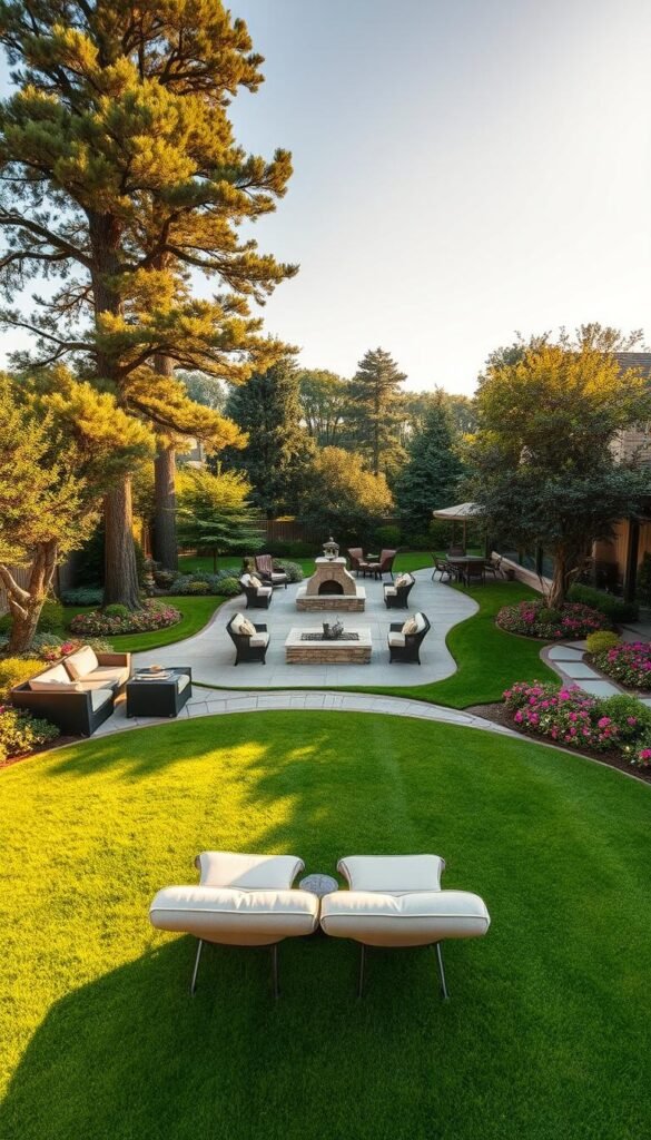 A sprawling backyard oasis, meticulously designed to maximize functionality and visual appeal. In the foreground, a lush, well-manicured lawn stretches out, inviting guests to recline on plush outdoor furniture. The middle ground features a tastefully arranged patio, with a sleek stone firepit and cozy seating areas that encourage conversation and relaxation. Towering trees line the perimeter, casting gentle shadows and creating a sense of privacy. Vibrant, colorful flower beds border the pathways, adding pops of life and vibrancy. The scene is bathed in warm, golden light, captured by a wide-angle lens to showcase the depth and harmony of the backyard design. A sprawling backyard oasis, meticulously designed to maximize functionality and visual appeal. In the foreground, a lush, well-manicured lawn stretches out, inviting guests to recline on plush outdoor furniture. The middle ground features a tastefully arranged patio, with a sleek stone firepit and cozy seating areas that encourage conversation and relaxation. Towering trees line the perimeter, casting gentle shadows and creating a sense of privacy. Vibrant, colorful flower beds border the pathways, adding pops of life and vibrancy. The scene is bathed in warm, golden light, captured by a wide-angle lens to showcase the depth and harmony of the backyard design.