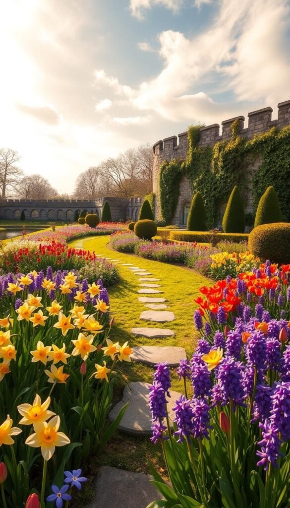 A sprawling early spring flower garden, bathed in soft, warm sunlight filtering through wispy clouds. Vibrant blooms of daffodils, tulips, and hyacinths in the foreground, their petals gently swaying in a light breeze. A winding path, dotted with stepping stones, leads the eye through the lush, well-manicured beds, inviting exploration. In the middle ground, neatly pruned shrubs and small trees provide a natural frame, while the background features a picturesque stone wall, draped with climbing vines, and a glimpse of a tranquil pond. The overall scene exudes a sense of serene beauty and peaceful harmony, inspiring ideas for an enchanting early spring garden design. A sprawling early spring flower garden, bathed in soft, warm sunlight filtering through wispy clouds. Vibrant blooms of daffodils, tulips, and hyacinths in the foreground, their petals gently swaying in a light breeze. A winding path, dotted with stepping stones, leads the eye through the lush, well-manicured beds, inviting exploration. In the middle ground, neatly pruned shrubs and small trees provide a natural frame, while the background features a picturesque stone wall, draped with climbing vines, and a glimpse of a tranquil pond. The overall scene exudes a sense of serene beauty and peaceful harmony, inspiring ideas for an enchanting early spring garden design.