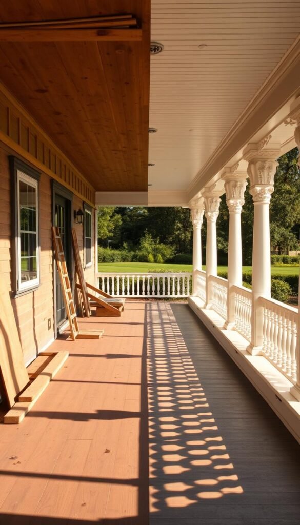 A sprawling front porch, half finished with DIY tools and materials, contrasted against the other half showcasing a professionally installed porch with intricate details and well-crafted finishes. The DIY side is in disarray, with uneven boards, haphazard railings, and a general sense of unfinished work. The professional side exudes elegance, featuring ornate columns, seamless transitions, and a harmonious aesthetic. Warm, golden light filters through the scene, casting shadows that accentuate the differences. In the background, a lush, verdant landscape sets the stage, hinting at the potential of the home's exterior. The viewer is left to ponder the tradeoffs between a DIY approach and professional installation for this timeless front porch addition.