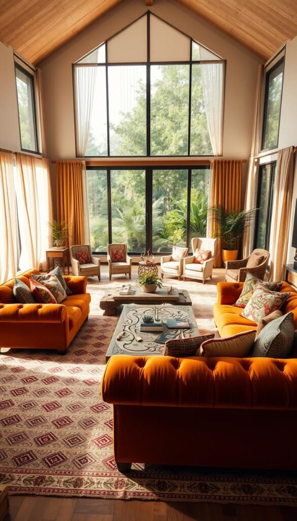 A sprawling, high-ceilinged boho-chic living room bathed in warm, natural light.