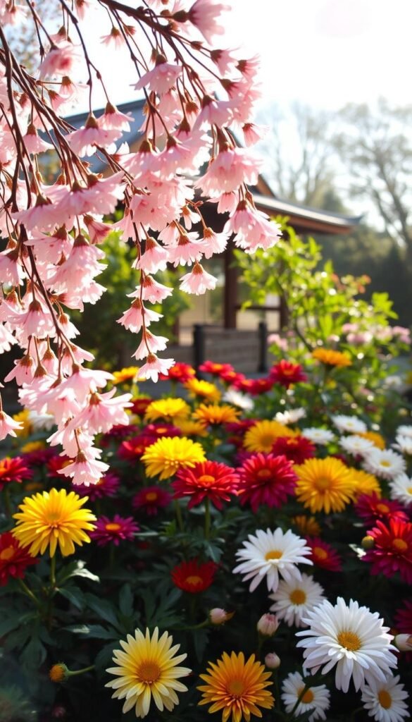A springtime garden in Japan, bathed in soft, warm sunlight. In the foreground, delicate pink cherry blossoms cascade gracefully, their petals drifting on a gentle breeze. In the middle ground, vibrant chrysanthemums bloom in a riot of colors - bold yellows, deep reds, and pristine whites. The background features a traditional Japanese wooden pavilion, partially obscured by lush foliage. The scene exudes a sense of tranquility and natural harmony, inviting the viewer to pause and appreciate the beauty of these iconic Japanese flowers.