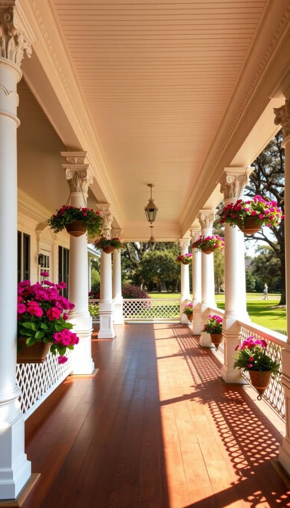 A stately two-story colonial home with a grand wrap-around porch. The porch features ornate white columns supporting a decorative entablature, and a wide wooden floor with intricate latticework railings. Vibrant flowering plants and hanging baskets adorn the porch, creating a lush, inviting atmosphere. Sunlight filters through the columns, casting warm shadows across the porch's surface. In the background, a manicured lawn and mature trees add to the home's elegant, historical charm. The porch is an architectural centerpiece, enhancing the home's curb appeal with its classic and refined design. A stately two-story colonial home with a grand wrap-around porch. The porch features ornate white columns supporting a decorative entablature, and a wide wooden floor with intricate latticework railings. Vibrant flowering plants and hanging baskets adorn the porch, creating a lush, inviting atmosphere. Sunlight filters through the columns, casting warm shadows across the porch's surface. In the background, a manicured lawn and mature trees add to the home's elegant, historical charm. The porch is an architectural centerpiece, enhancing the home's curb appeal with its classic and refined design.