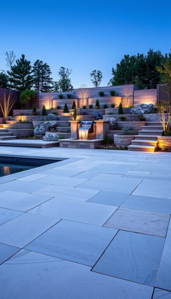 A stunning contemporary hardscape featuring clean lines, smooth textures, and a harmonious blend of natural and manmade elements. In the foreground, a sleek stone patio with subtle patterns and a seamless transition to the pool's edge. Midground showcases elegant water features, such as a minimalist fountain or cascading waterfall, creating a soothing ambiance. In the background, a meticulously designed retaining wall or built-in seating area, crafted from high-quality materials like concrete, stone, or weathered wood, provides visual interest and functional utility. Soft, diffused lighting illuminates the scene, casting a warm, inviting glow and enhancing the luxurious, low-maintenance atmosphere.