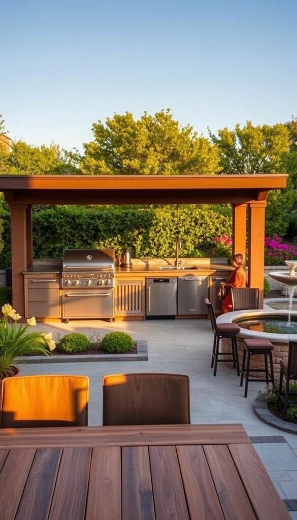 A stunning outdoor kitchen design set against a backdrop of lush greenery. The kitchen features a sleek, modern aesthetic with stainless steel appliances, a large grill, and a spacious countertop for meal preparation. The scene is bathed in warm, golden light, creating a cozy and inviting atmosphere. In the foreground, a wooden dining table with comfortable chairs invites guests to dine alfresco, while in the middle ground, a well-appointed bar area with stools provides a perfect spot for entertaining. The background showcases a meticulously landscaped garden, complete with vibrant flowers and a tranquil water feature, seamlessly blending the kitchen with the surrounding natural beauty. A perfect representation of an outdoor kitchen as a worthy investment for backyard bliss.