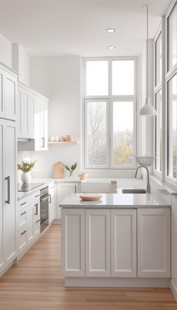 A stylish and airy small kitchen with a light color palette. The space features clean white cabinetry, pale wood accents, and a bright marble countertop. Subtle pops of pastel colors in the accessories add visual interest. Large windows flood the room with natural light, creating an open and welcoming atmosphere. Subtle pendant lighting casts a warm glow over the minimalist design. The layout is efficient, with ample storage and a compact island providing additional workspace. The overall impression is one of understated elegance and effortless functionality.