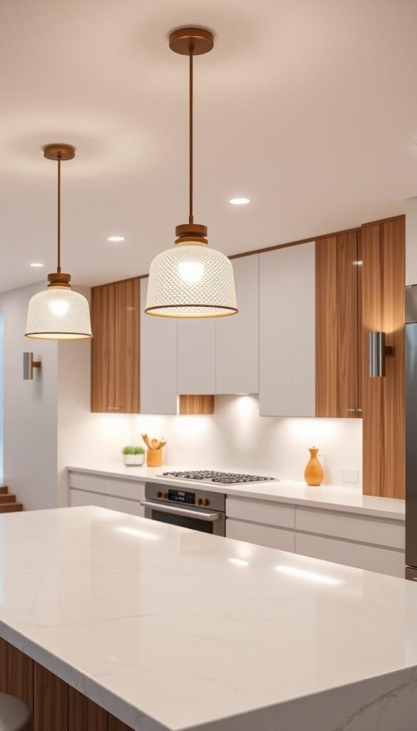 A stylish and functional kitchen with a warm, cozy ambiance. Recessed LED lighting casts a soft glow, complementing the natural wood accents and clean, minimalist design. Pendant lamps with textured glass shades hang above a sleek, marble-topped island, casting a gentle, diffused light. Task lighting under the cabinets illuminates the countertops, while sconces on the walls add depth and visual interest. The overall lighting scheme creates a harmonious balance between form and function, elevating the space with a sense of modern elegance.