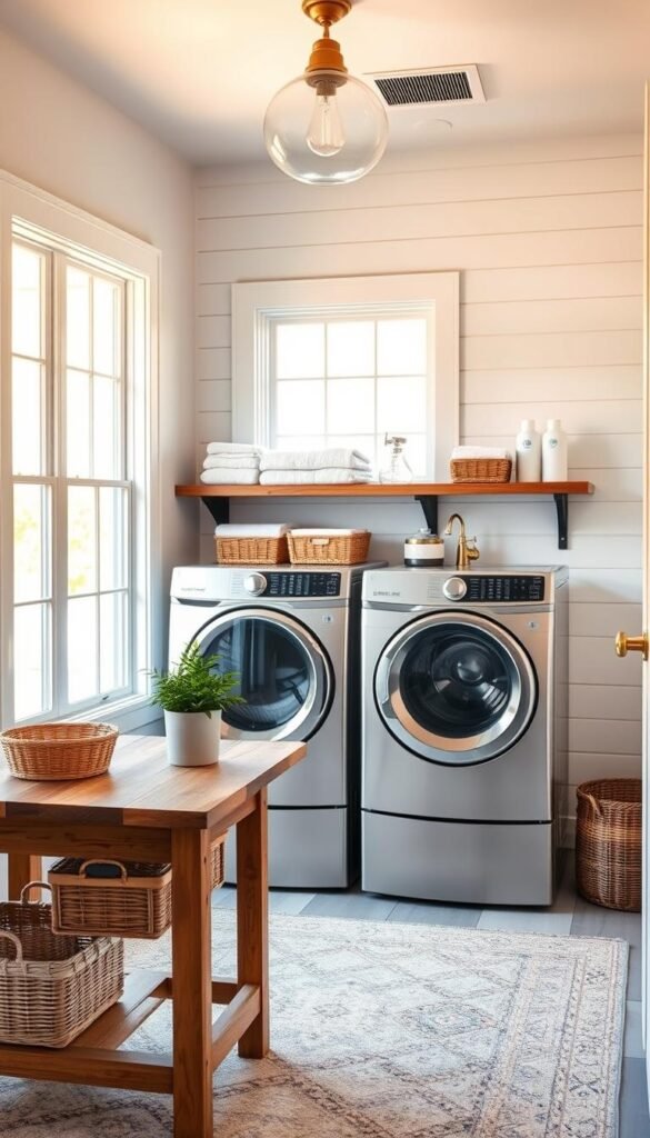 A stylish and well-organized laundry room with a modern farmhouse aesthetic. In the foreground, a rustic wooden folding table with decorative baskets and a potted plant. In the middle ground, a sleek front-loading washer and dryer set against a shiplap wall with shelves displaying neatly folded linens and detergents. The background features large windows that flood the room with warm, natural light, creating a bright and airy atmosphere. Subtle brass fixtures, a vintage-inspired pendant light, and a cozy area rug complete the space, blending form and function seamlessly. A stylish and well-organized laundry room with a modern farmhouse aesthetic. In the foreground, a rustic wooden folding table with decorative baskets and a potted plant. In the middle ground, a sleek front-loading washer and dryer set against a shiplap wall with shelves displaying neatly folded linens and detergents. The background features large windows that flood the room with warm, natural light, creating a bright and airy atmosphere. Subtle brass fixtures, a vintage-inspired pendant light, and a cozy area rug complete the space, blending form and function seamlessly.