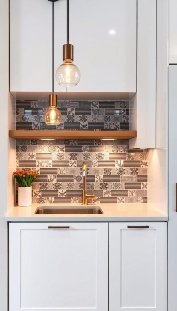 A stylish, modern small kitchen featuring a backsplash that adds visual interest and personality. The kitchen countertop is clutter-free, with a minimalist aesthetic. The backsplash consists of glossy, intricately patterned tiles in shades of gray, white, and metallic accents, creating a sophisticated, eye-catching focal point. Soft, warm lighting from pendant fixtures above the counter illuminates the space, enhancing the overall mood. The kitchen is captured at a slightly elevated angle, showcasing the well-designed layout and attention to detail in the backsplash and cabinetry. The overall impression is one of a functional yet visually striking small kitchen space.