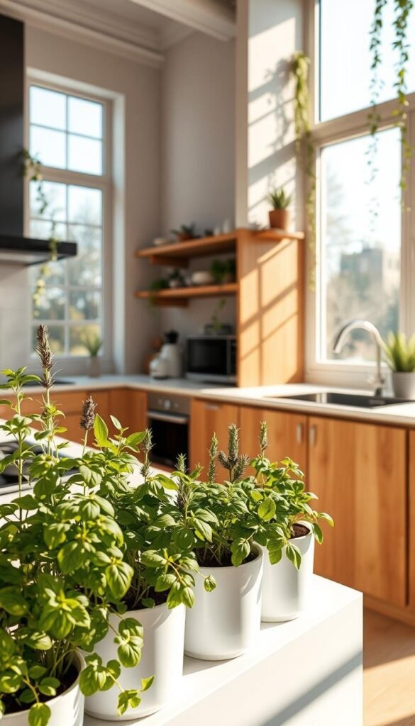 A stylish small kitchen, flooded with warm, natural light from large windows. The foreground features a lush, thriving herb garden on the windowsill, with fragrant basil, rosemary, and lavender plants in sleek ceramic pots. The middle ground showcases a minimalist, wood-and-white kitchen design, with clean lines and modern appliances. In the background, potted succulents and trailing vines cascade from high shelves, adding pops of greenery to the otherwise monochromatic palette. The overall atmosphere is one of freshness, tranquility, and a seamless blend of nature and modern design.