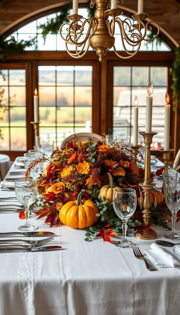 A sumptuous Thanksgiving dining table set with a lush centerpiece of seasonal flora - vibrant autumnal leaves, plump pumpkins, and delicate sprigs of…