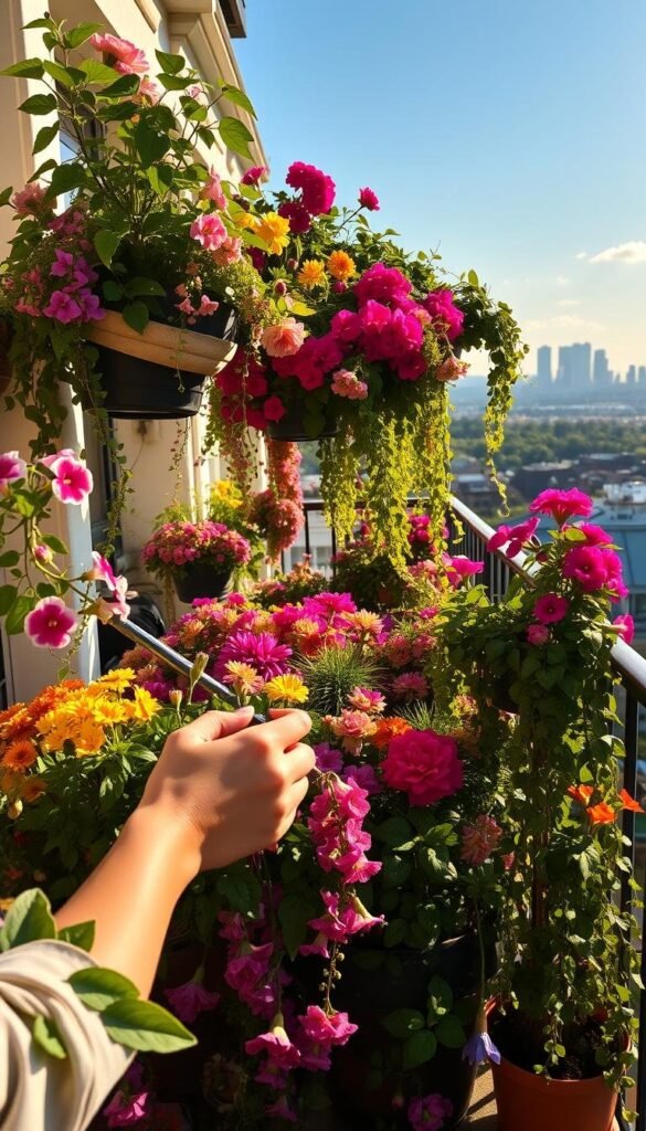 A sun-dappled balcony overflowing with vibrant blooms, a mix of colorful potted flowers and lush trailing vines cascading from hanging baskets. In the foreground, a gardener's hands carefully tending to the plants, pruning and deadheading, while in the background a scenic city skyline provides a picturesque backdrop. The warm, golden light filters through the leaves, casting gentle shadows and highlighting the delicate petals. An atmosphere of peaceful serenity and seasonal bliss, inviting the viewer to bask in the joy of urban gardening.