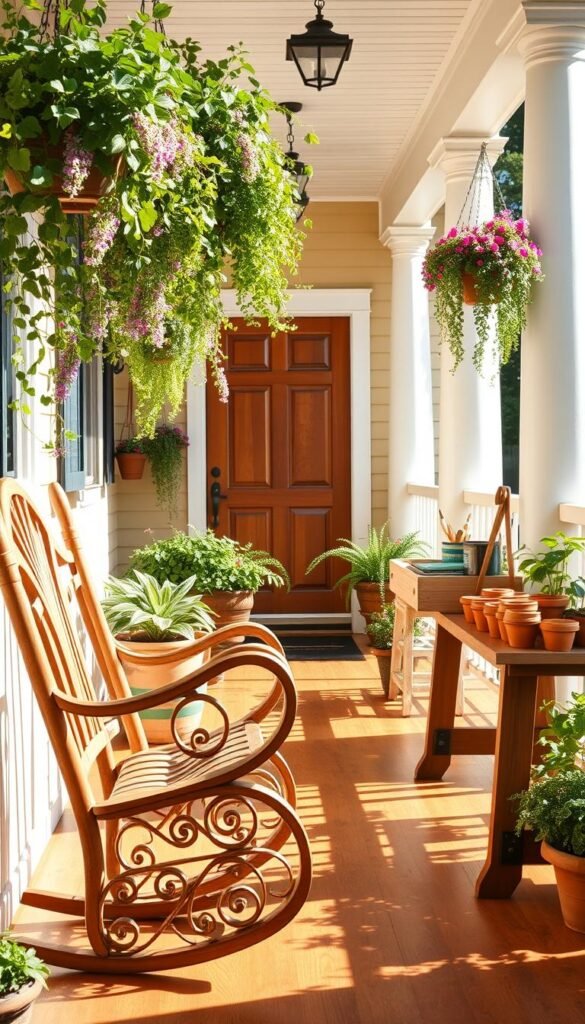 A sun-dappled front porch adorned with a vibrant array of potted plants and rustic wooden furniture. In the foreground, a rocking chair with intricate scrollwork invites you to sit and sway. Hanging baskets of cascading vines and trailing flowers frame the entrance, casting gentle shadows on the freshly stained wooden floor. In the middle ground, a potting bench showcases an assortment of terracotta pots and gardening tools, hinting at the homeowner's green thumb. The background features a welcoming wooden door, flanked by classic white columns and a neatly painted railing, all bathed in the warm glow of a late afternoon sun. The scene exudes a sense of tranquility and the perfect balance of rustic charm and natural elegance. A sun-dappled front porch adorned with a vibrant array of potted plants and rustic wooden furniture. In the foreground, a rocking chair with intricate scrollwork invites you to sit and sway. Hanging baskets of cascading vines and trailing flowers frame the entrance, casting gentle shadows on the freshly stained wooden floor. In the middle ground, a potting bench showcases an assortment of terracotta pots and gardening tools, hinting at the homeowner's green thumb. The background features a welcoming wooden door, flanked by classic white columns and a neatly painted railing, all bathed in the warm glow of a late afternoon sun. The scene exudes a sense of tranquility and the perfect balance of rustic charm and natural elegance.