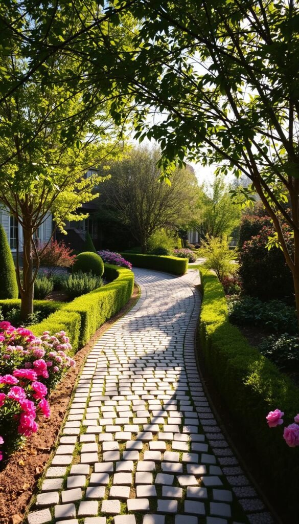 A sun-dappled front yard path winds through a lush, curated landscape. Cobblestone pavers lead the eye along a meandering journey, flanked by vibrant flower beds and neatly trimmed hedges. Ornamental trees cast delicate shadows, creating a warm, inviting atmosphere. Soft lighting filters through the foliage, illuminating the path's gentle curves. The composition emphasizes balance and harmony, with a focus on natural materials and organic shapes. This serene walkway invites exploration, guiding visitors through a beautifully designed outdoor oasis.