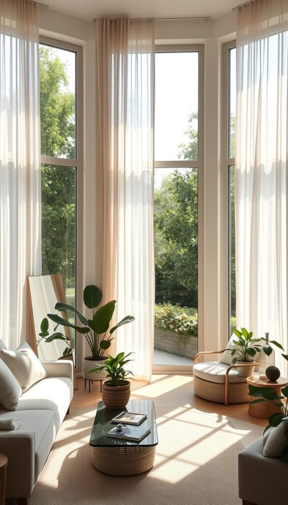 A sun-dappled living room with large windows overlooking a lush garden.