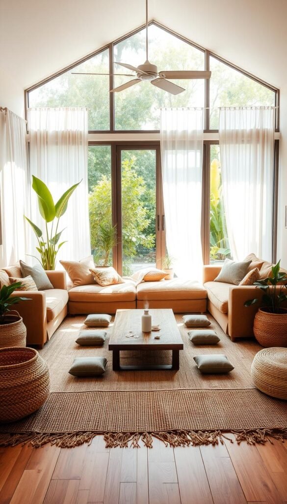 A sun-drenched, airy living room with natural textures and soothing color palette.