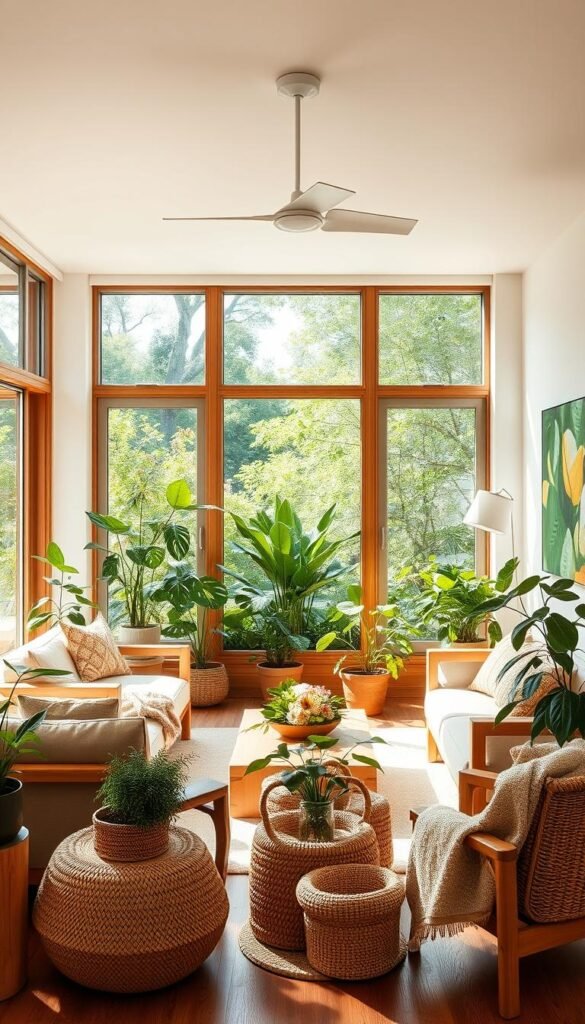 A sunlit, airy living room with natural wood furniture and abundant greenery.
