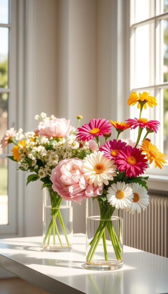 A sunlit modern interior showcasing a vibrant bouquet of summer flowers in sleek, minimalist vases. The arrangement features lush peonies, delicate baby's breath, and colorful zinnias in hues of pink, yellow, and white. Soft, natural lighting filters through large windows, casting a warm glow on the scene. The flowers are artfully arranged, creating a visually striking and harmonious composition. The overall mood is one of abundant beauty, serenity, and a celebration of the season's vibrant palette.