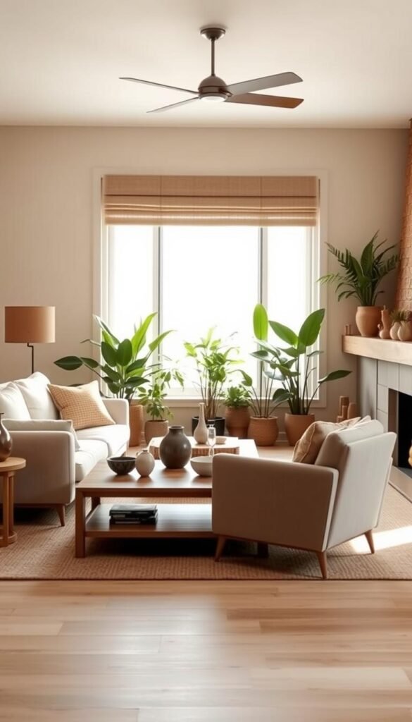 A sunlit organic modern living room with a cohesive color palette of warm earth tones, muted greens, and natural wood accents.